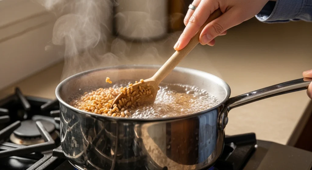 Stirring simmering, nutty farro in a saucepan on the stove to create the base for meal prep healthy grain bowls.