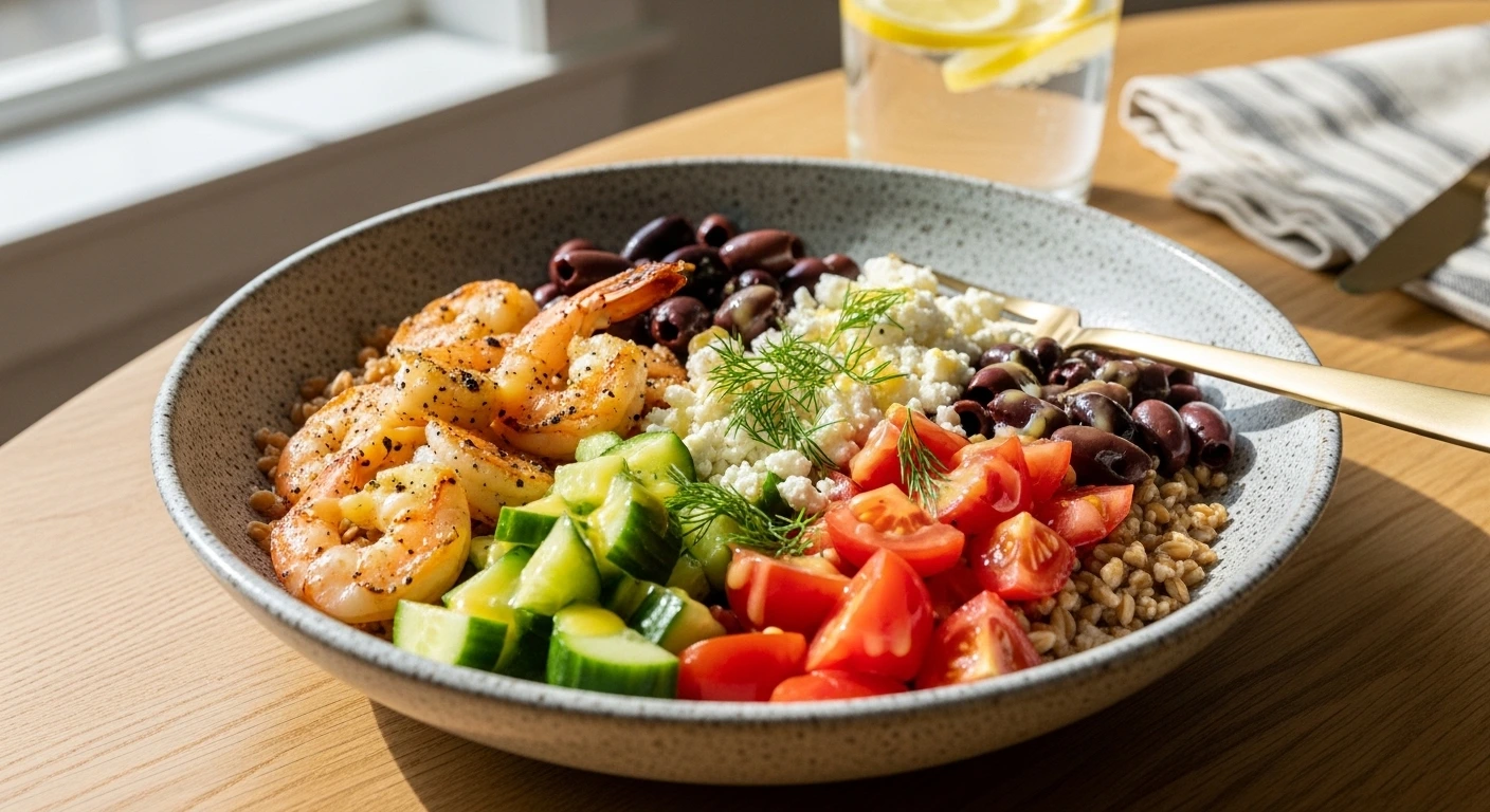 A beautiful, freshly assembled shrimp and veggie grain bowl topped with lemon vinaigrette, cucumbers, tomatoes, and crumbled feta cheese on a rustic wooden table.