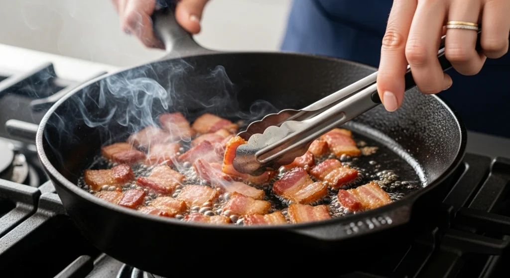 A close-up action shot of a woman's hand using metal tongs to fry thick-cut bacon in a cast iron skillet to create the savory, smoky base for crockpot BBQ baked beans.