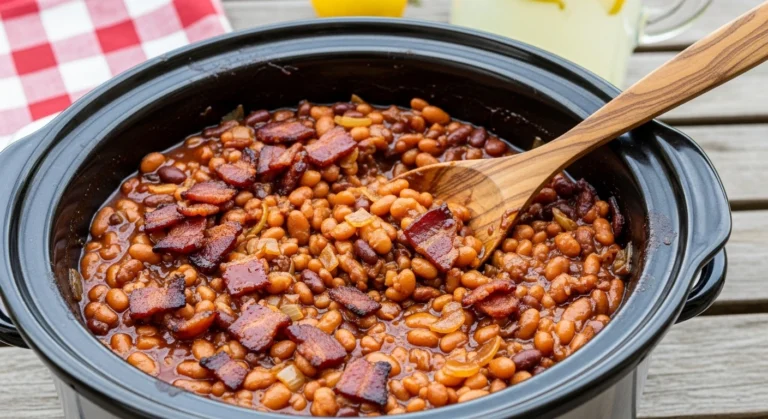 A candid, naturally lit photo looking down at a rustic black crockpot filled with thick, sticky slow cooker bourbon baked beans heavily garnished with crispy bacon on a backyard picnic table.