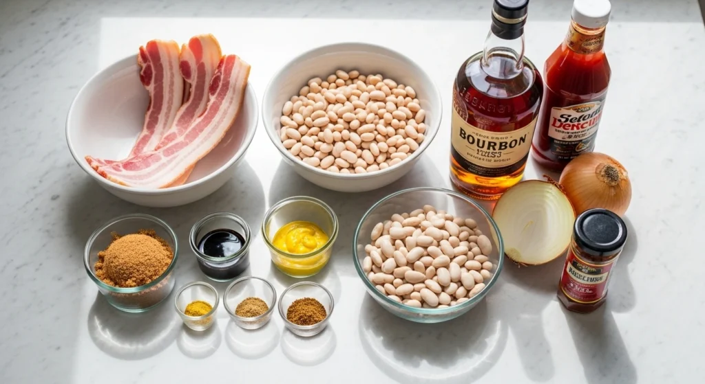 An overhead flat-lay of the fresh ingredients used to make homemade baked beans with bacon, featuring thick-cut bacon, Navy beans, brown sugar, and bourbon on a marble counter.