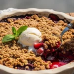 A warm, rustic white baking dish filled with a bubbling strawberry rhubarb crisp topped with a scoop of melting vanilla ice cream, served on a sunny patio table.