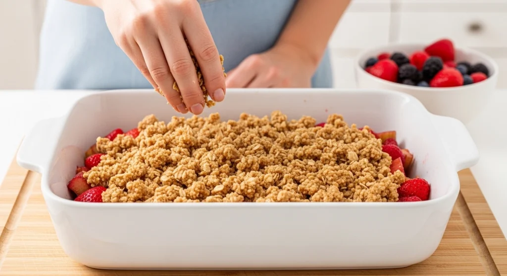 A close-up action shot of a hand mixing oats, brown sugar, and melted butter to create a clumpy, crunchy crumble that easily adapts into a gluten-free crisp topping.