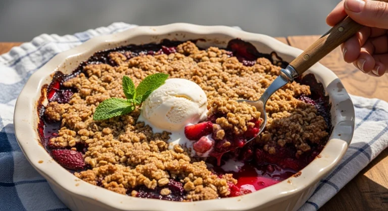 A warm, rustic white baking dish filled with a bubbling strawberry rhubarb crisp topped with a scoop of melting vanilla ice cream, served on a sunny patio table.