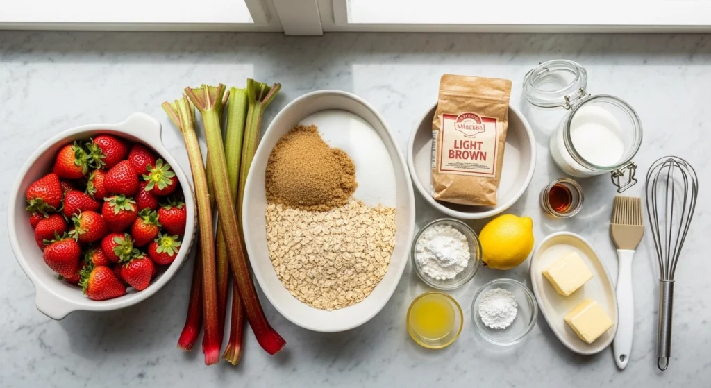 A bright flat-lay of fresh ingredients for baking with rhubarb, including ripe strawberries, rolled oats, brown sugar, butter, and long, firm rhubarb stalks on a marble counter.