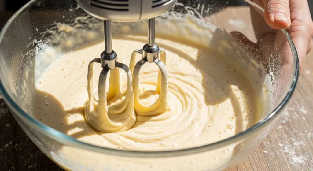 A close-up action shot of a person using an electric hand mixer to blend a smooth, creamy vanilla sponge cake batter in a glass bowl.