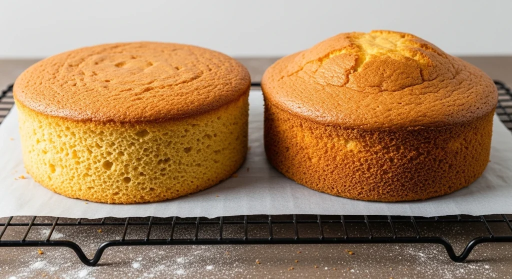Two golden-brown, tender vanilla sponge cake layers resting on a wire cooling rack bathed in soft window light, ready to be assembled.