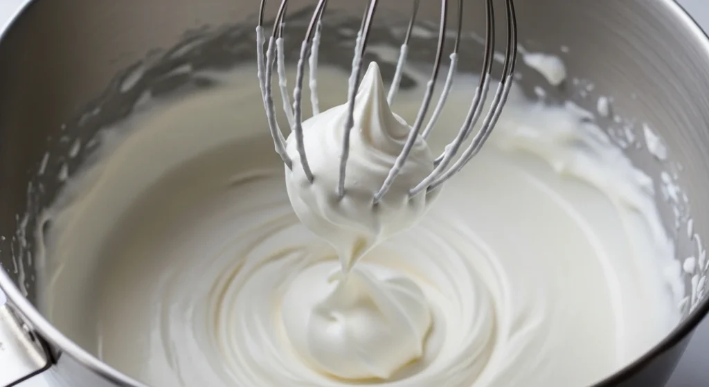 A chilled stainless steel bowl filled with thick, glossy whipped cream holding perfect stiff peaks, an essential layer for the best strawberry shortcake from scratch.