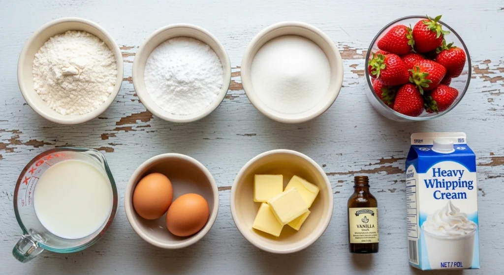 An overhead flat-lay of fresh ingredients for a strawberry shortcake cake, including bright red strawberries, heavy cream, flour, sugar, and eggs, arranged on a white kitchen counter.