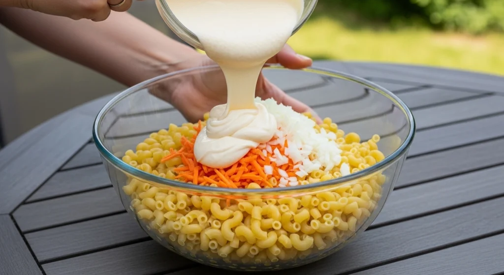 Tossing hot, steaming macaroni noodles with apple cider vinegar and grated onion to build the flavor for the best Hawaiian plate lunch macaroni salad.

Folding a rich, creamy dressing into soft pasta to create a truly authentic Hawaiian macaroni salad with Best Foods mayo, milk, and black pepper.