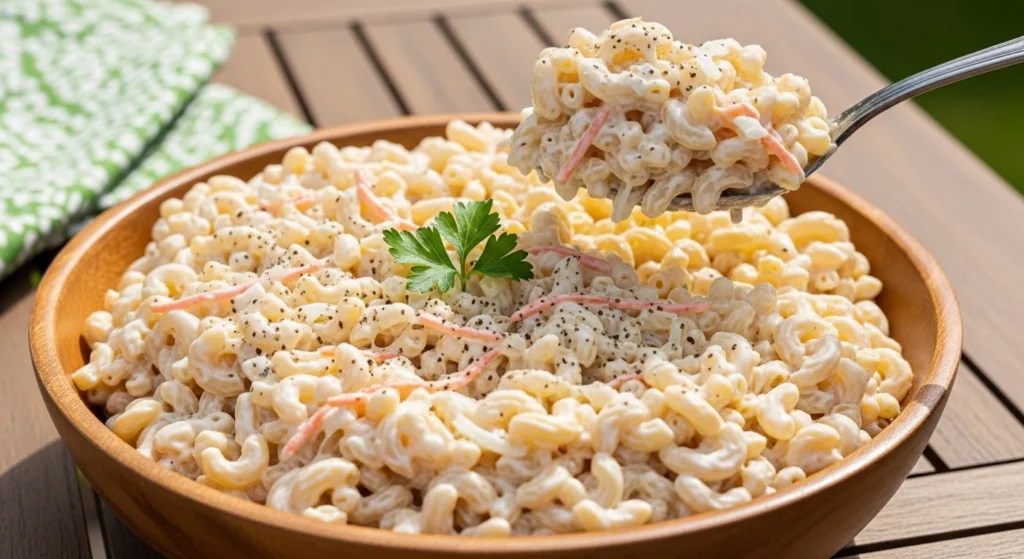 A tall, beautiful close-up of a wooden bowl overflowing with Traditional Hawaiian Macaroni Salad, making it the perfect easy Hawaiian pasta salad for luaus and summer BBQs.