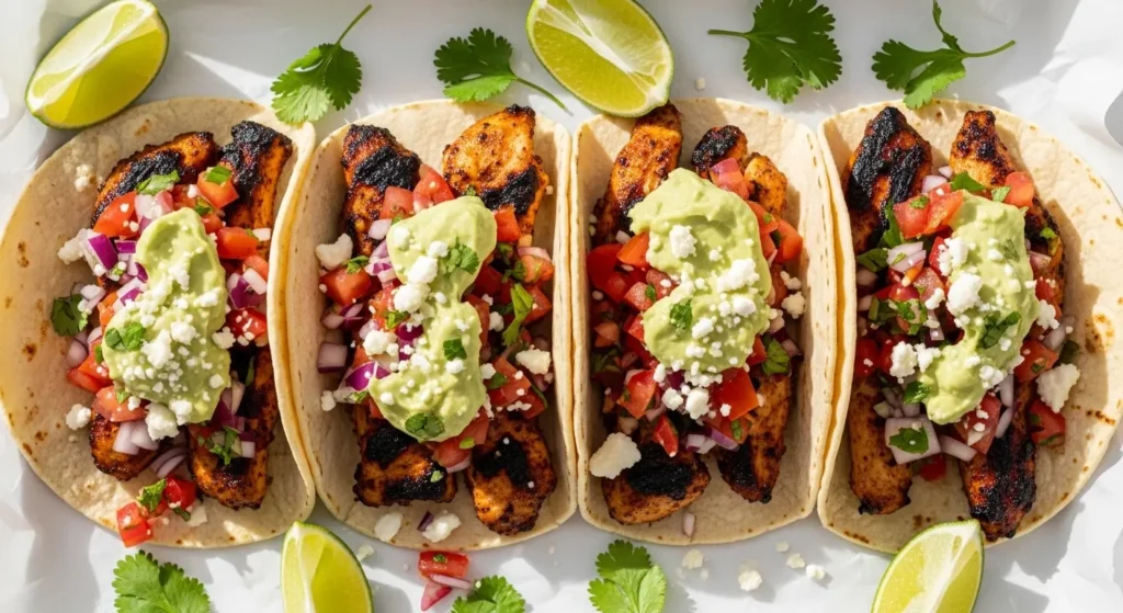 A beautiful white plate showing exactly what to serve with chicken tacos, featuring two loaded cilantro lime chicken tacos and a side of homemade rice.