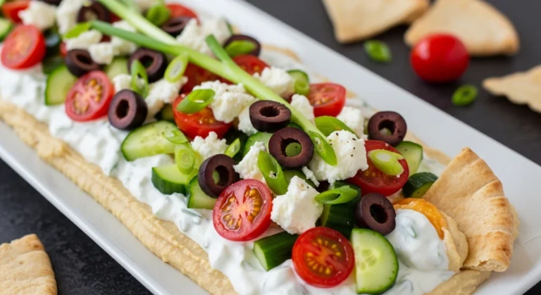 A stunning long white platter serving an easy Mediterranean appetizer of 7-layer Greek dip, featuring a smooth hummus and cream cheese dip topped with fresh cucumbers, cherry tomatoes, sliced olives, and feta cheese.