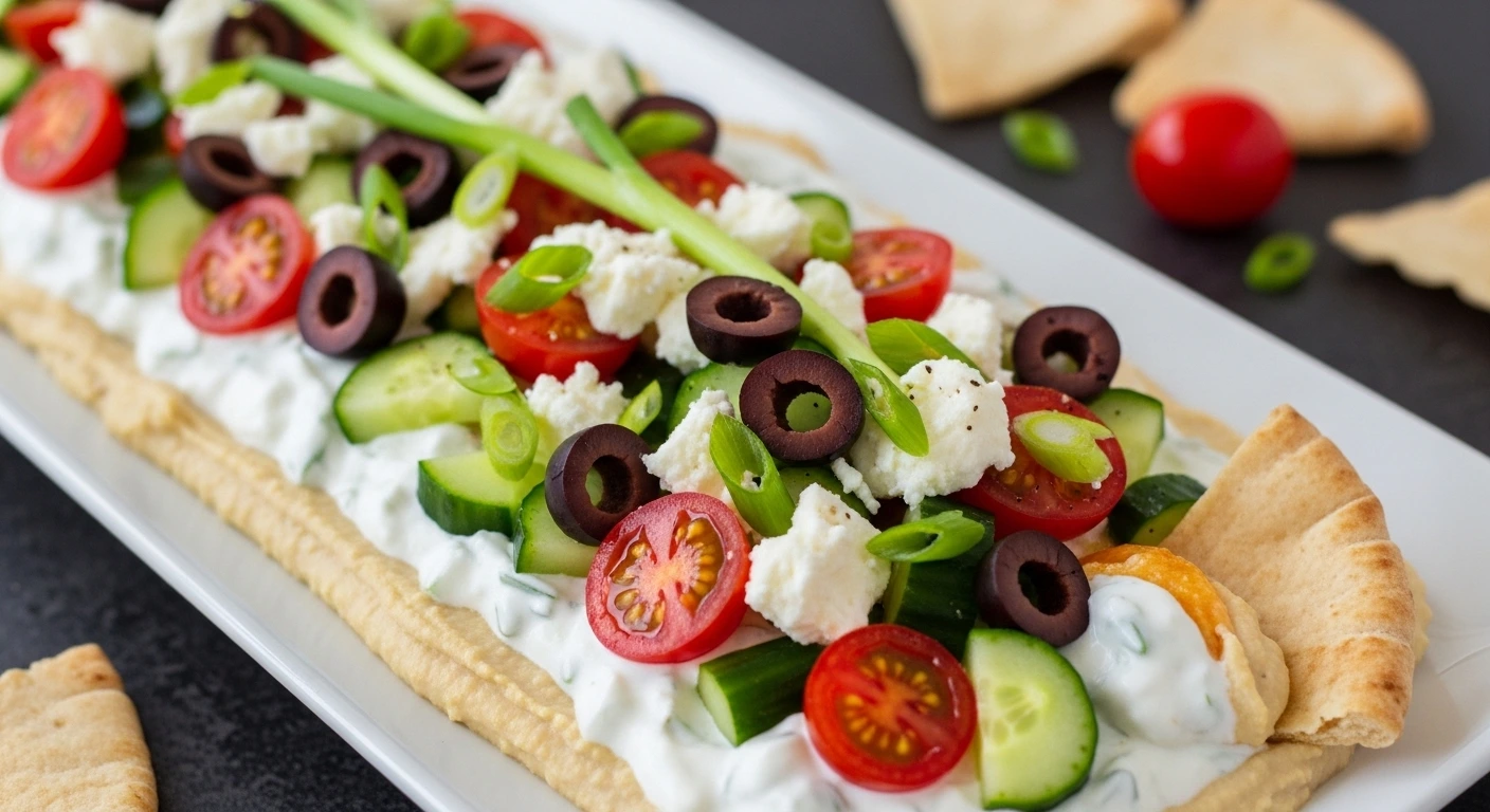 A stunning long white platter serving an easy Mediterranean appetizer of 7-layer Greek dip, featuring a smooth hummus and cream cheese dip topped with fresh cucumbers, cherry tomatoes, sliced olives, and feta cheese.