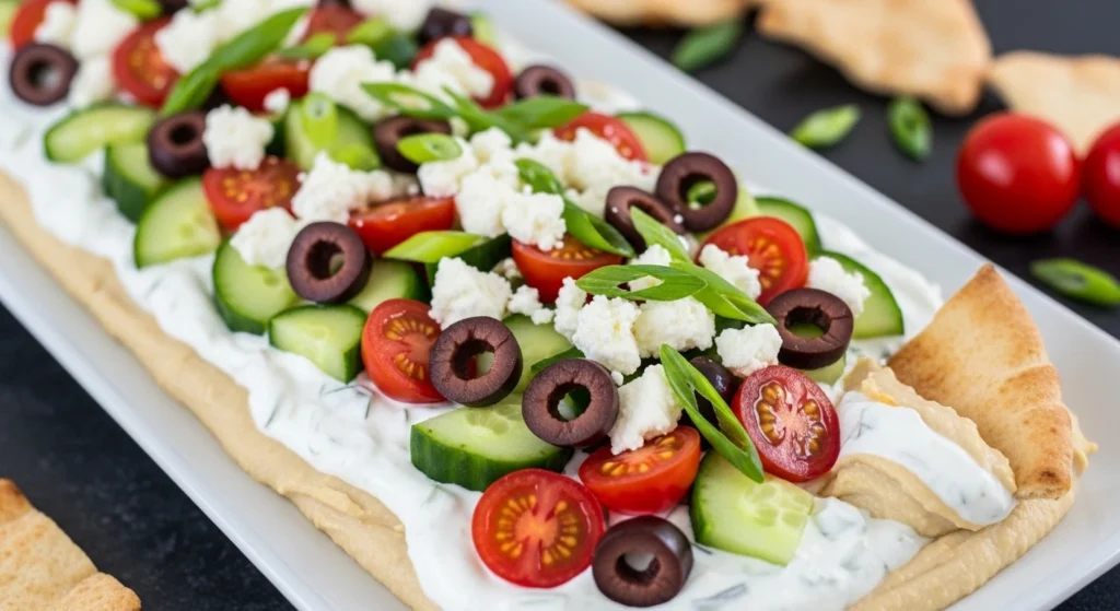 A mouthwatering close-up of a Layered Greek Dip generously topped with crumbled feta, Kalamata olives, diced tomatoes, and fresh cucumbers, featuring a crispy pita chip scooped right into the creamy hummus base.