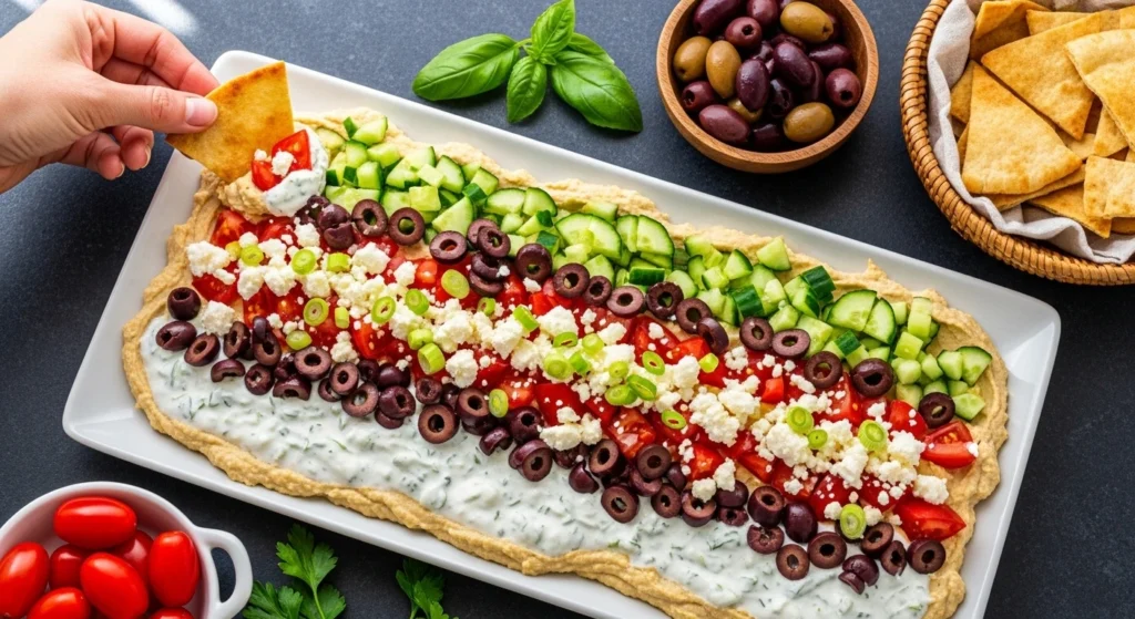 An overhead view of the best party dip recipe, showcasing a Layered Greek Dip arranged in neat, colorful rows of fresh vegetables and feta, with a hand dipping a toasted pita wedge into the creamy edge.