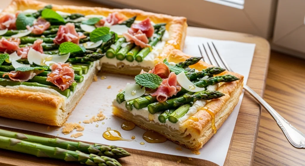 A beautifully lit close-up photograph capturing a generous square slice of a warm goat cheese and asparagus tart on a wooden board, showcasing incredibly flaky golden pastry layers and glistening hot honey.