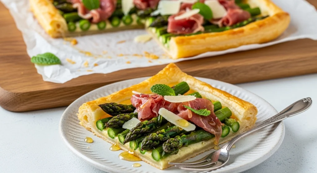 A perfectly cut, square slice of warm prosciutto and asparagus tart served on a white plate with a vintage fork, showing vibrant green asparagus, torn prosciutto, and a flaky crust.