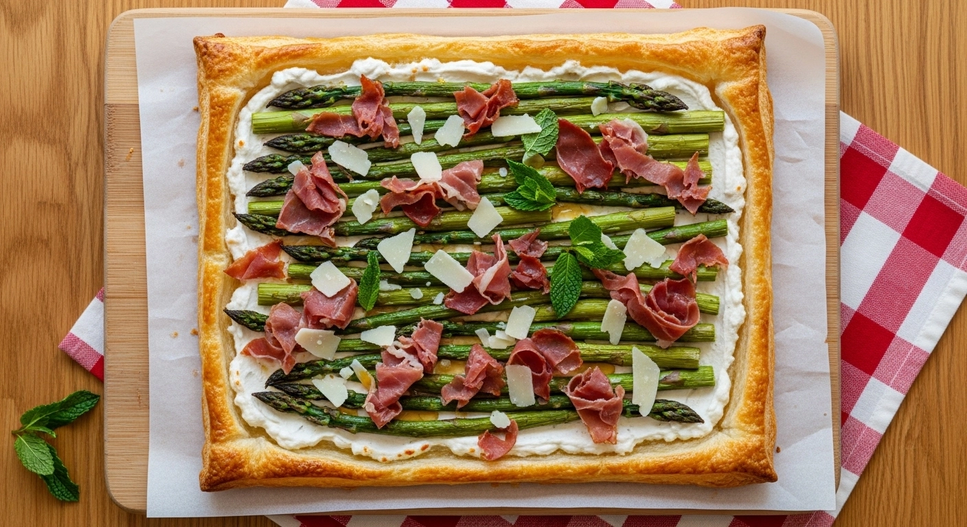 An overhead top-down photo of a whole golden-brown asparagus puff pastry tart resting on a wooden cutting board, showcasing its flaky crust and topped with roasted asparagus and prosciutto.
