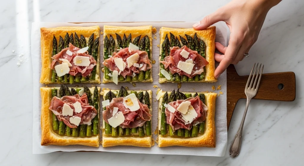 A top-down overhead flat-lay photograph capturing six distinct square slices of an asparagus puff pastry tart on a wooden board, with a hand reaching in to grab one piece of the spring puff pastry appetizer.