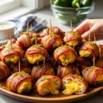 A candid, highly photorealistic photo of hands holding a large wooden platter piled high with golden-brown Bacon Wrapped Jalapeño Poppers. In the front, one easy party appetizer is split open to reveal the bubbling, melted cheese filling.