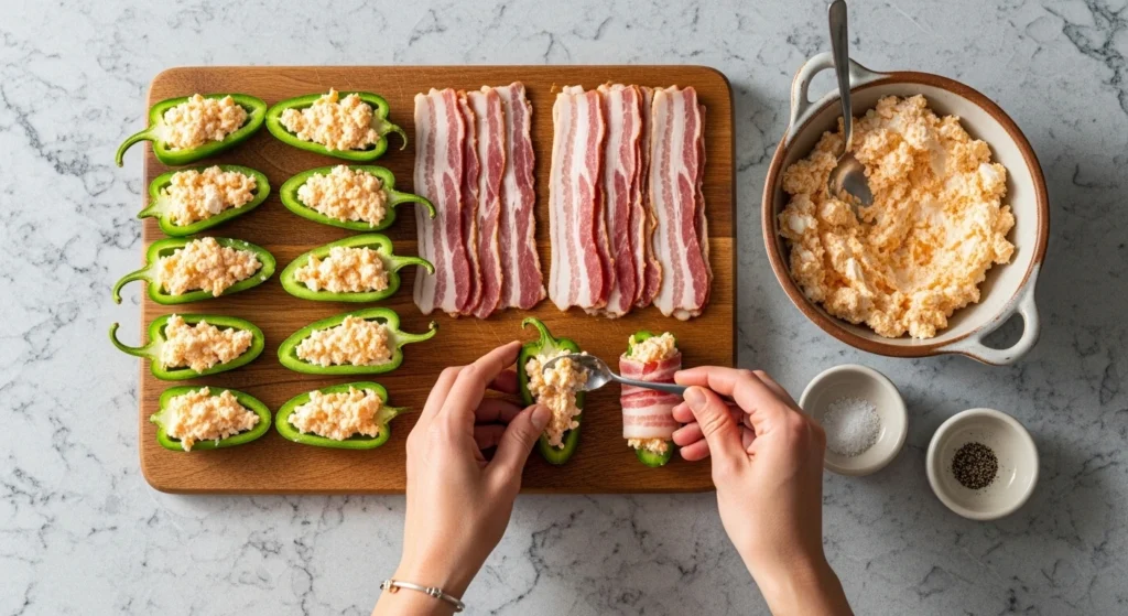 An overhead flat lay showing the step-by-step jalapeño poppers recipe, featuring hands actively wrapping raw bacon slices around cream cheese stuffed jalapeños on a rustic wooden cutting board.
