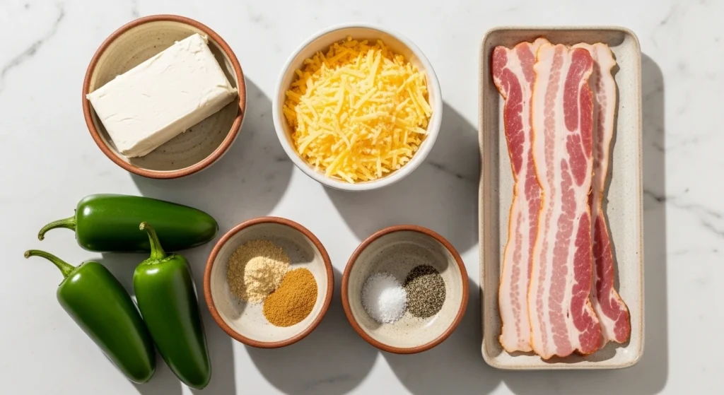 A bright, overhead photograph on a white marble kitchen counter displaying the raw ingredients for bacon wrapped appetizers, including fresh green jalapeños, a block of cream cheese, shredded cheddar, standard-cut bacon, and spices.