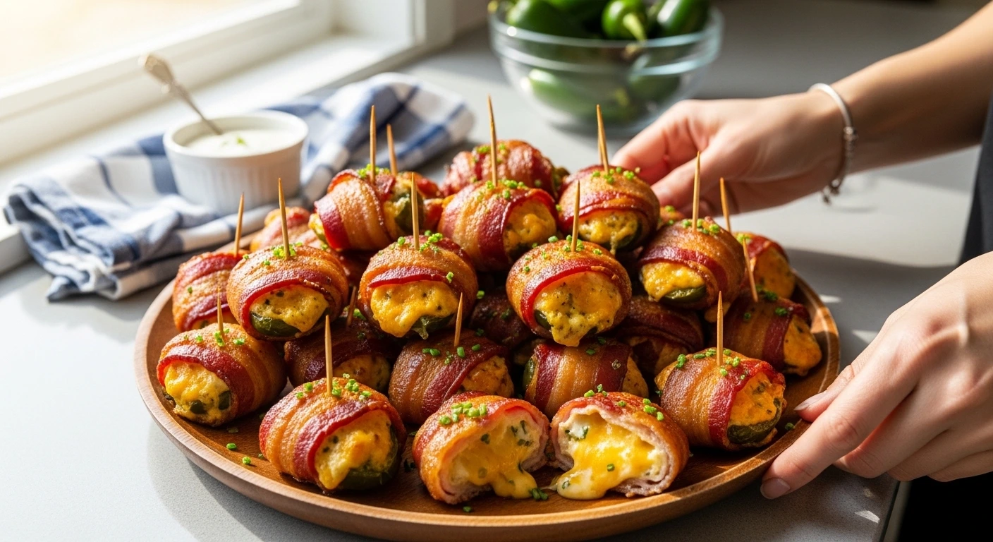 A candid, highly photorealistic photo of hands holding a large wooden platter piled high with golden-brown Bacon Wrapped Jalapeño Poppers. In the front, one easy party appetizer is split open to reveal the bubbling, melted cheese filling.