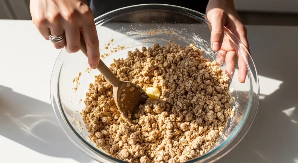 A close-up action photo of a hand using a wooden spoon to combine melted butter into the oat and flour crumble mixture for Blueberry Oatmeal Crumble Bars.