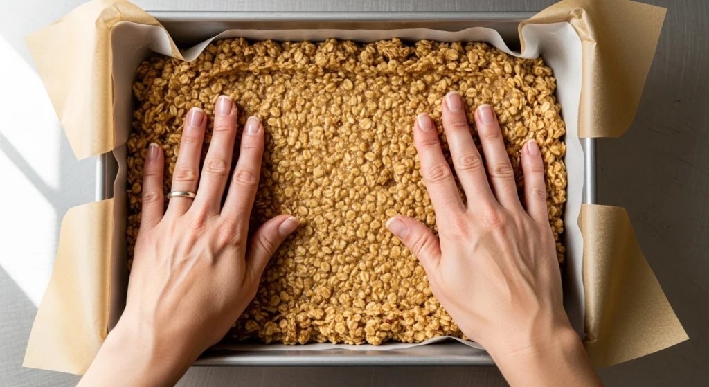 A top-down photo looking into an 8x8 baking pan, showing a hand firmly pressing the sturdy oatmeal crust base into the bottom.