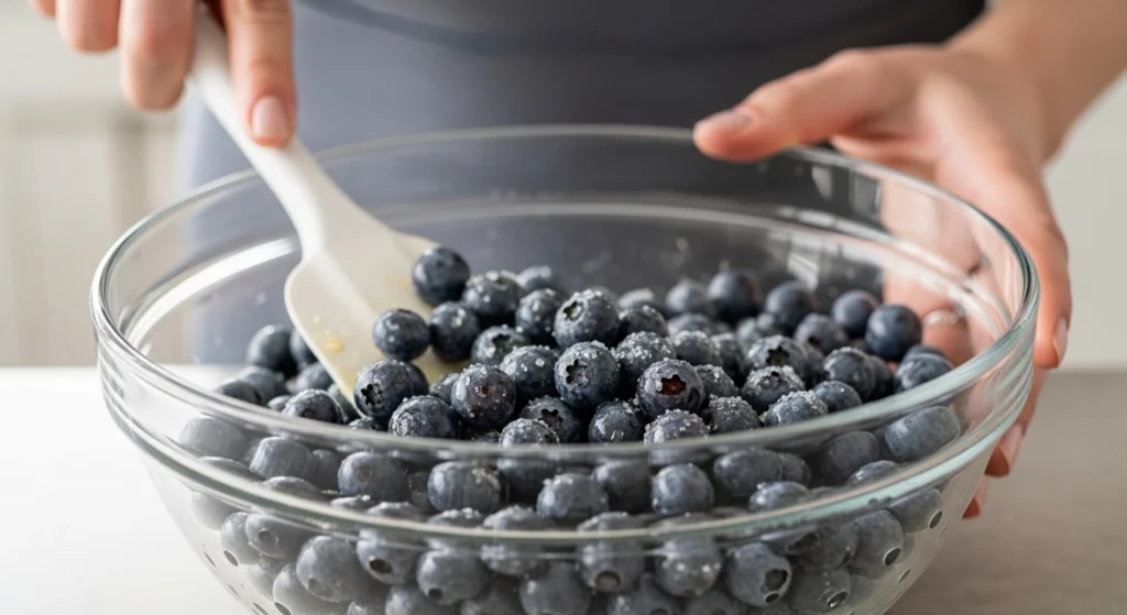 A close-up action photo of fresh blueberries being tossed with lemon juice, sugar, and cornstarch powder in a glass bowl to create the filling for Blueberry oatmeal crumble bars.