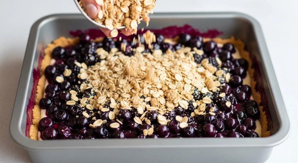 A close-up action shot looking into a baking pan as a hand actively sprinkles the reserved oatmeal cookie crumble topping over the jammy blueberry layer.