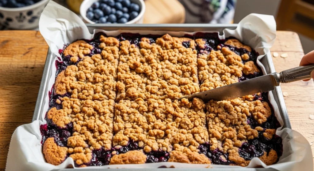 A close-up action photo of a scoop of melting vanilla bean ice cream over a warm slice of Blueberry Oatmeal Crumble Bars in a rustic bowl, showing the jammy berry filling.