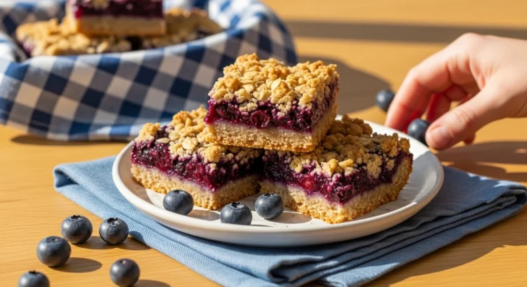 An extreme close-up photo of two Blueberry Oatmeal Crumble Bars, straight-on view to emphasize the distinct internal layers of sturdy oat base, glistening fruit filling, and crunchy crumble topping.