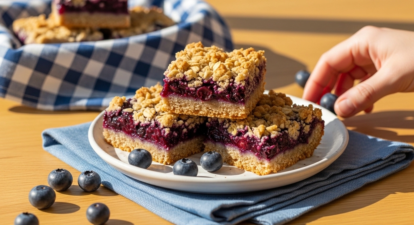 An extreme close-up photo of two Blueberry Oatmeal Crumble Bars, straight-on view to emphasize the distinct internal layers of sturdy oat base, glistening fruit filling, and crunchy crumble topping.