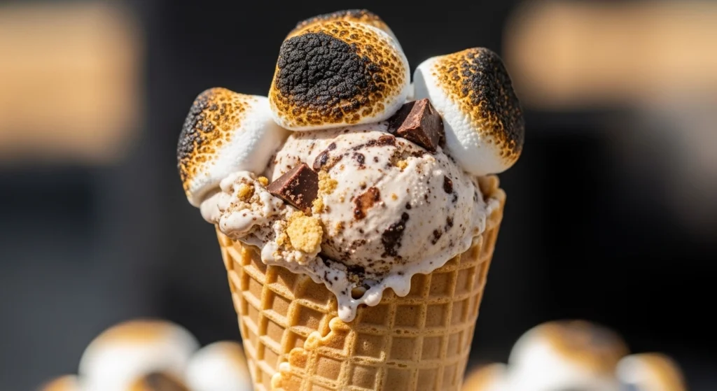 A bright, appetizing close-up of a summer campfire dessert featuring a waffle cone filled with graham cracker and chocolate chunk ice cream, beautifully garnished with gooey, blistered marshmallows.