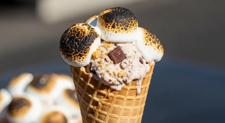 A close-up, sunlit photo of a crisp waffle cone holding a melting scoop of campfire s'mores ice cream, generously topped with deeply charred marshmallows and dark chocolate chunks.
