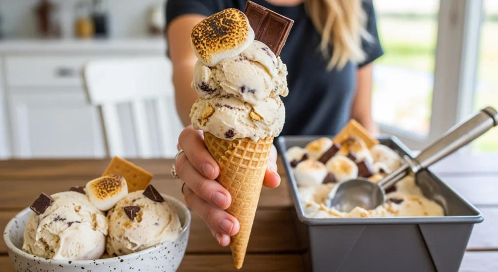 A candid photo of a person holding a waffle cone stacked with two scoops of no churn s'mores ice cream, featuring a toasted marshmallow and chocolate bar, with a loaded metal loaf pan in the background.