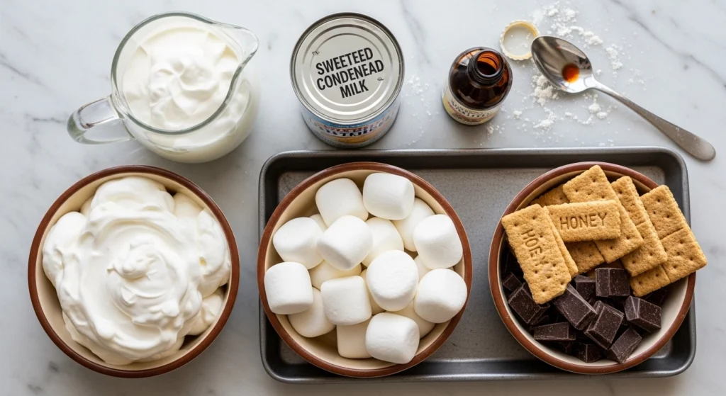 An overhead flat-lay photo displaying the fresh ingredients for a homemade s'mores ice cream recipe, including heavy cream, sweetened condensed milk, fluffy white marshmallows, honey graham crackers, and dark chocolate chunks on a marble counter.