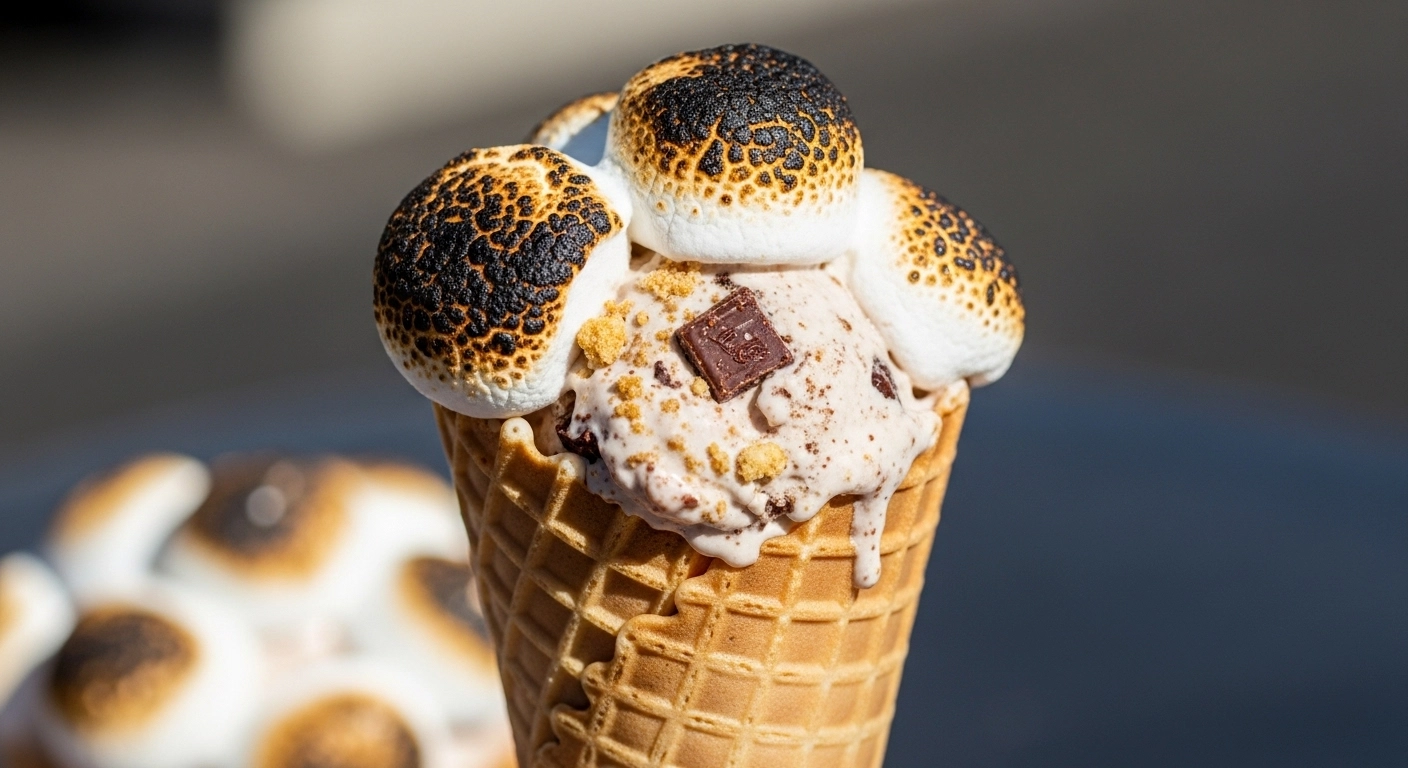 A close-up, sunlit photo of a crisp waffle cone holding a melting scoop of campfire s'mores ice cream, generously topped with deeply charred marshmallows and dark chocolate chunks.