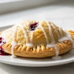 A brightly lit, close-up shot of a homemade cherry hand pie on a white plate, featuring a beautifully flaky puff pastry crust, sweet white glaze, and juicy cherry filling oozing from the side.