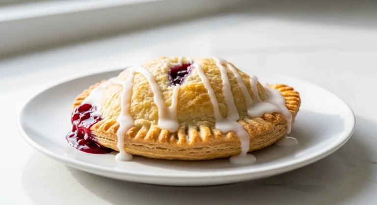 A brightly lit, close-up shot of a homemade cherry hand pie on a white plate, featuring a beautifully flaky puff pastry crust, sweet white glaze, and juicy cherry filling oozing from the side.