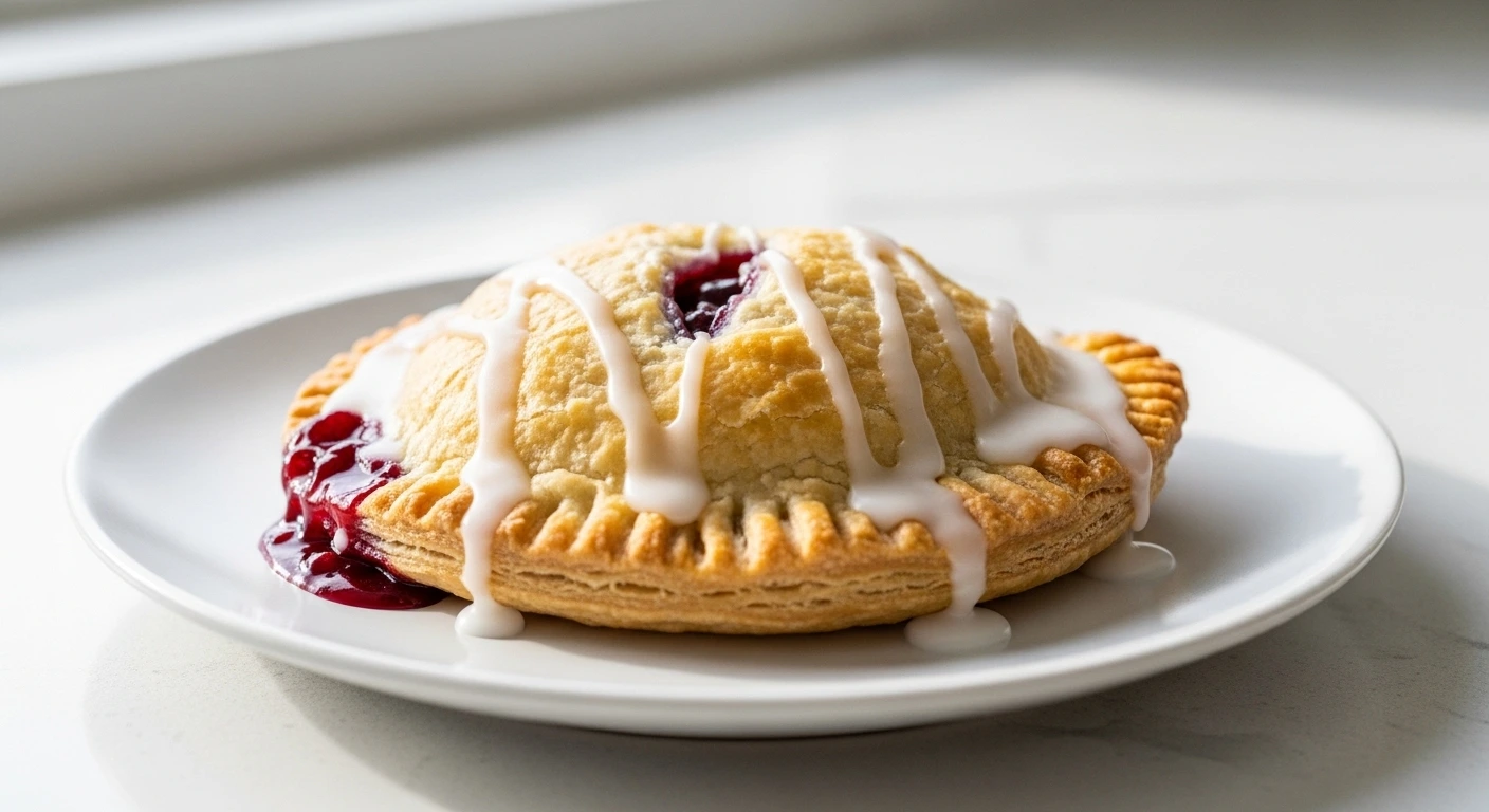 A brightly lit, close-up shot of a homemade cherry hand pie on a white plate, featuring a beautifully flaky puff pastry crust, sweet white glaze, and juicy cherry filling oozing from the side.