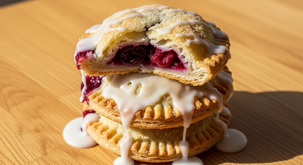 A mouth-watering stack of three golden-brown cream cheese cherry pastries on a wooden surface, with the top pie broken in half to reveal the thick, sweet cherry and cream cheese layers inside.