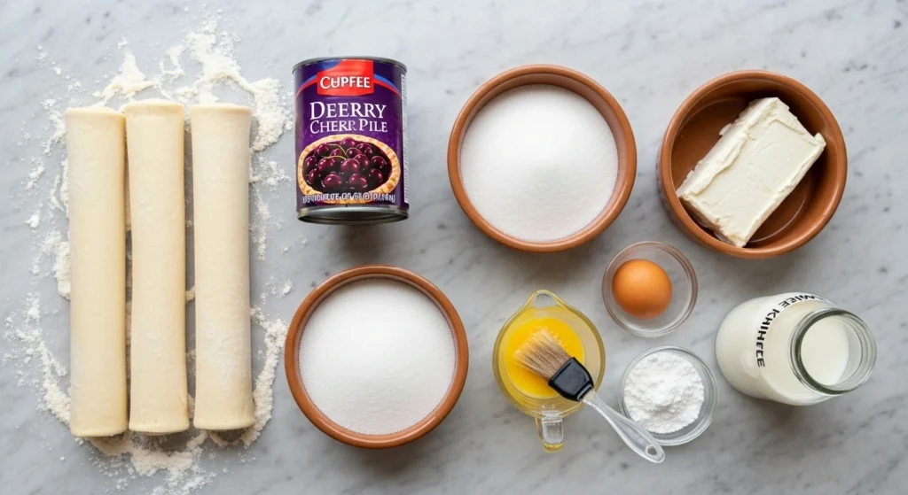 An overhead flat lay on a marble counter displaying the ingredients to make hand pies with canned pie filling, including rolls of puff pastry, cream cheese, sugar, an egg, and a can of cherry filling.