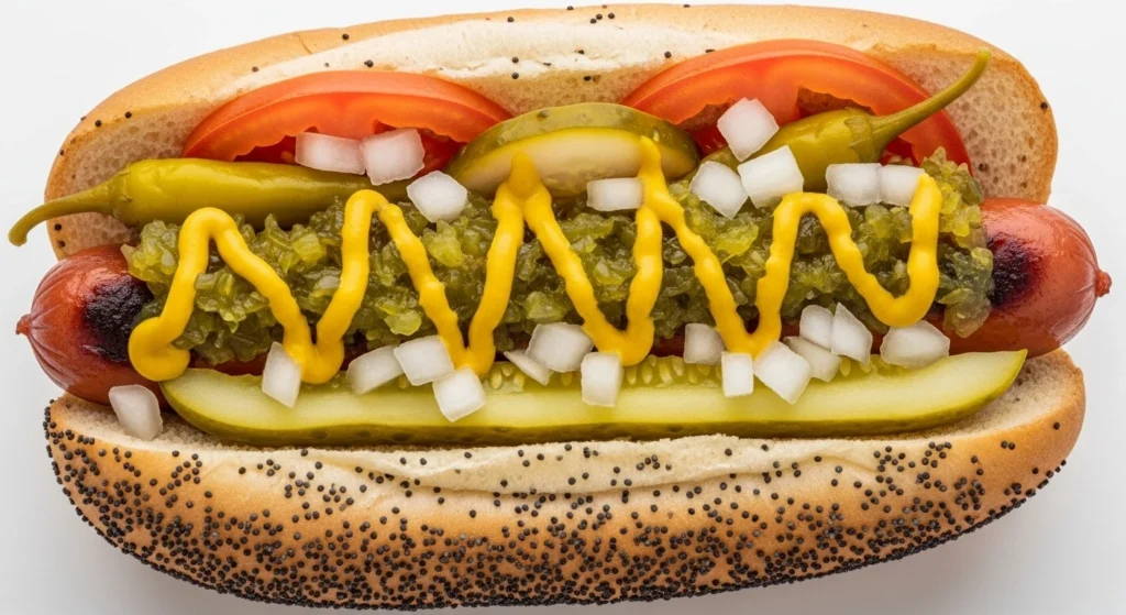 A close-up, bright shot of a classic Chicago Hot Dog Recipe, featuring an all-beef frank on a poppy seed bun loaded with a zigzag of yellow mustard, bright green relish, diced white onions, tomatoes, a pickle spear, and sport peppers.