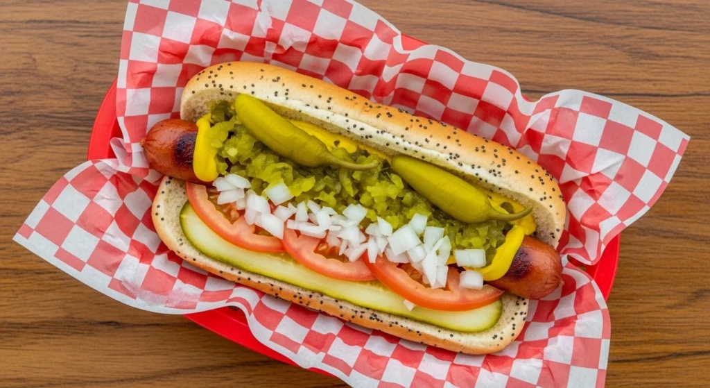 An overhead view of an authentic Chicago style hot dog served in a classic red and white checkered paper basket, showing a beef frank perfectly topped with vibrant green relish, mustard, fresh onions, tomatoes, and a dill pickle spear.