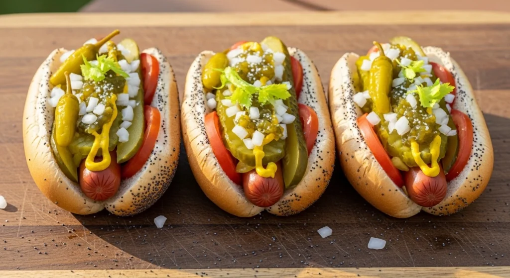 A row of three identical, perfectly built Chicago style hot dogs lined up on a wooden cutting board outdoors in bright, natural sunlight, each loaded with the traditional "dragged through the garden" toppings.