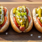 A row of three identical, perfectly built Chicago style hot dogs lined up on a wooden cutting board outdoors in bright, natural sunlight, each loaded with the traditional "dragged through the garden" toppings.