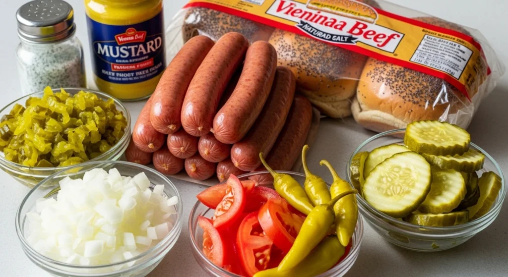 A bright kitchen counter displaying the fresh, authentic ingredients for a Chicago Hot Dog Recipe, including beef franks, poppy seed buns, yellow mustard, sweet green relish, chopped white onions, sliced tomatoes, pickle spears, sport peppers, and celery salt.